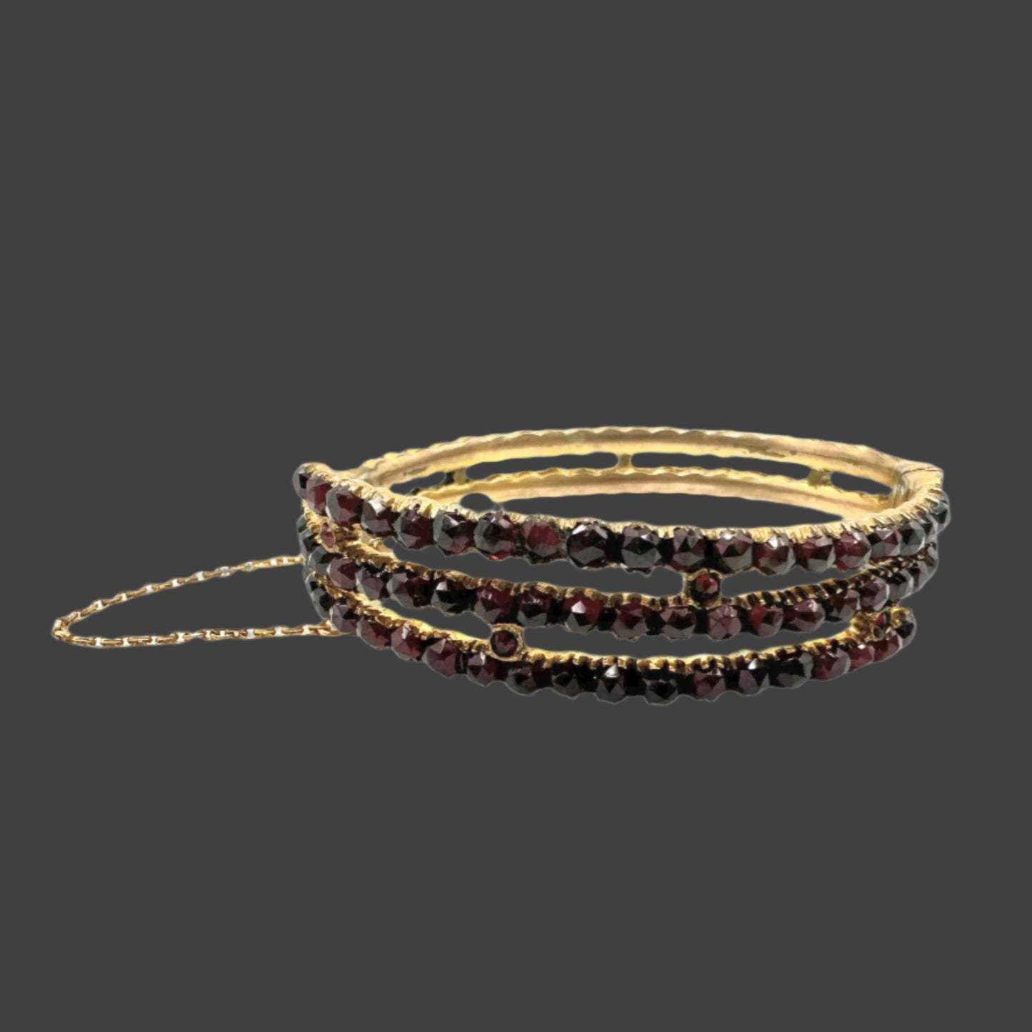Victorian Bohemian Garnet Bangle bracelet with safety chain