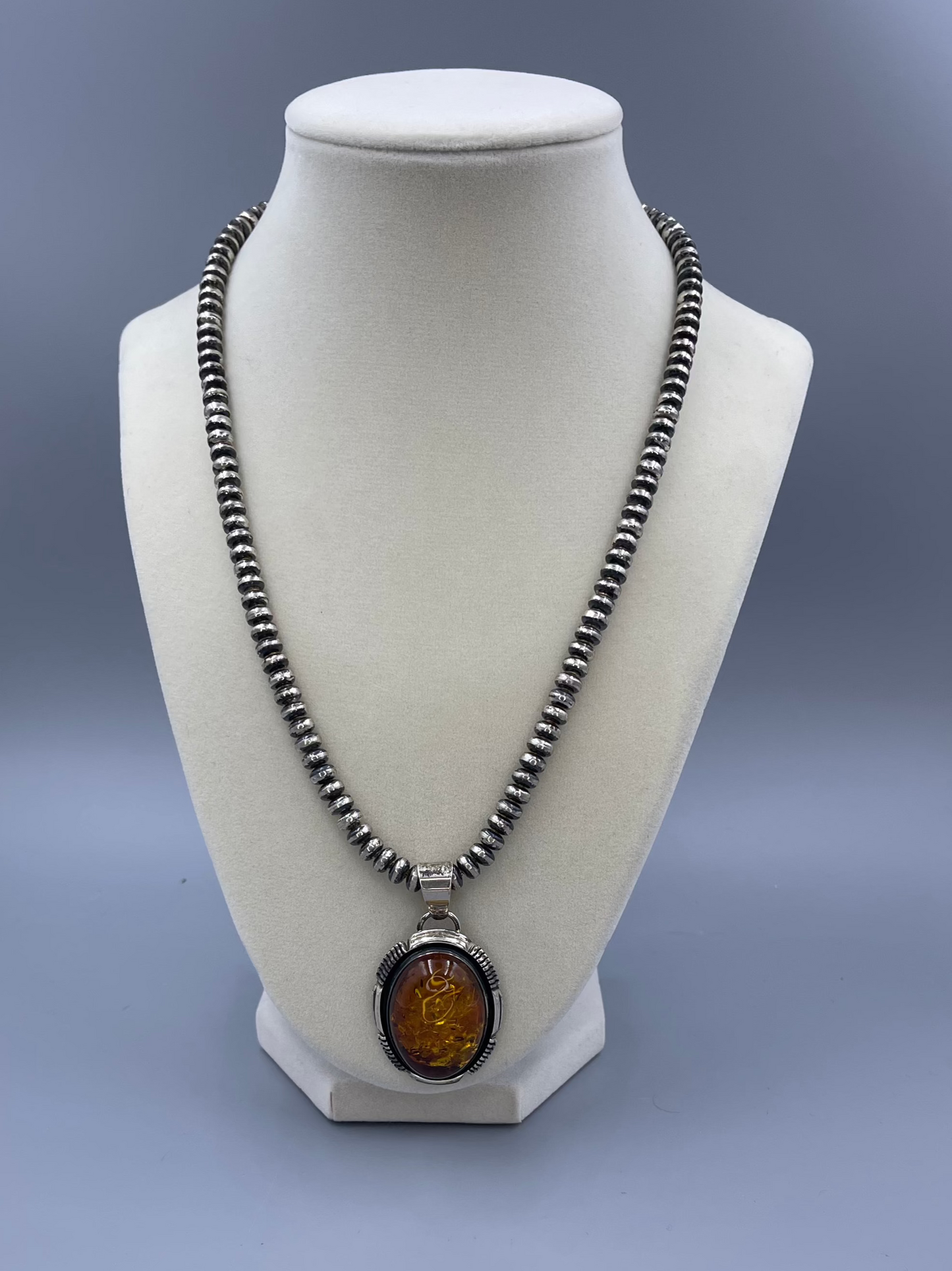 Vintage Sterling Silver Orange pendant Beaded Necklace