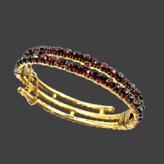 Victorian Bohemian Garnet Bangle bracelet with safety chain