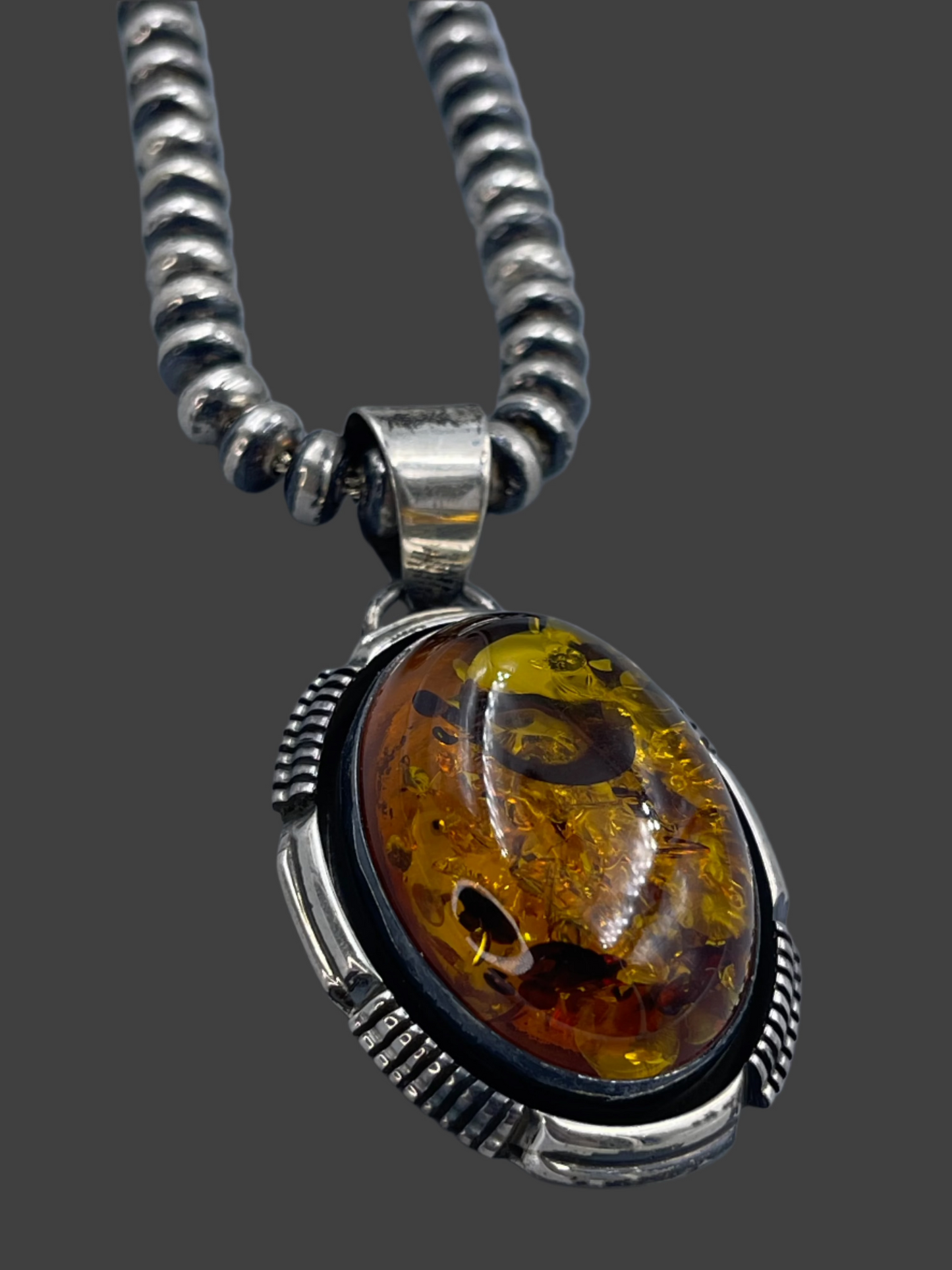 Vintage Sterling Silver Orange pendant Beaded Necklace