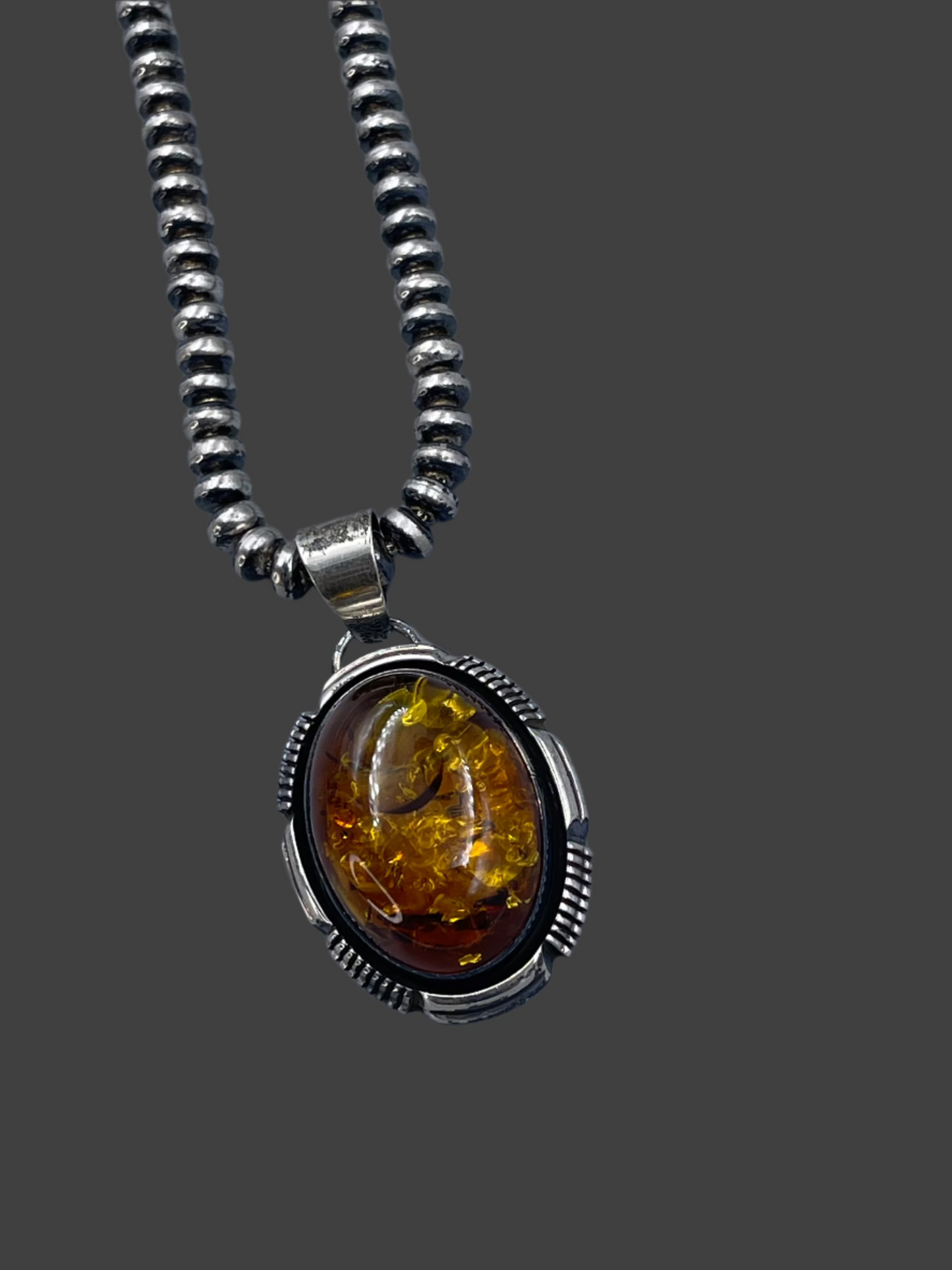 Vintage Sterling Silver Orange pendant Beaded Necklace
