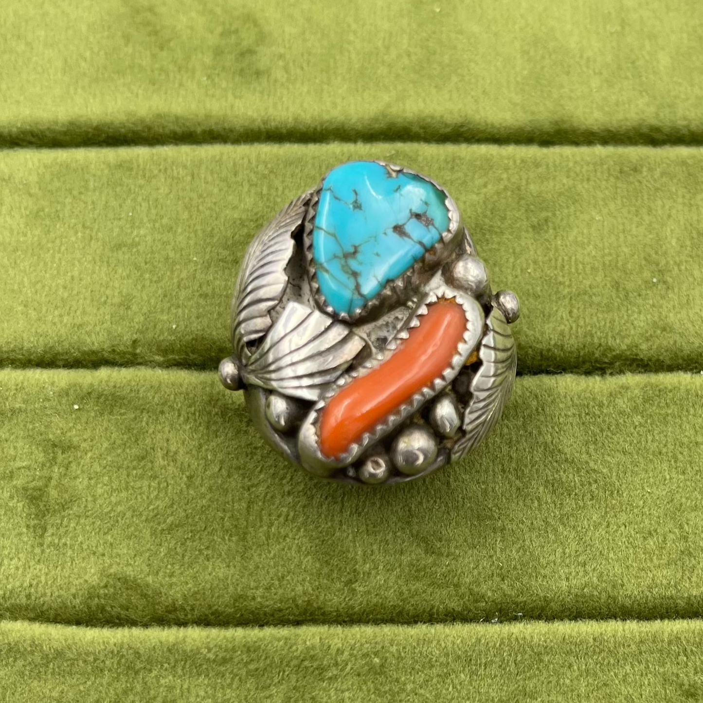 Coral, turquoise, ball bearing feather ring