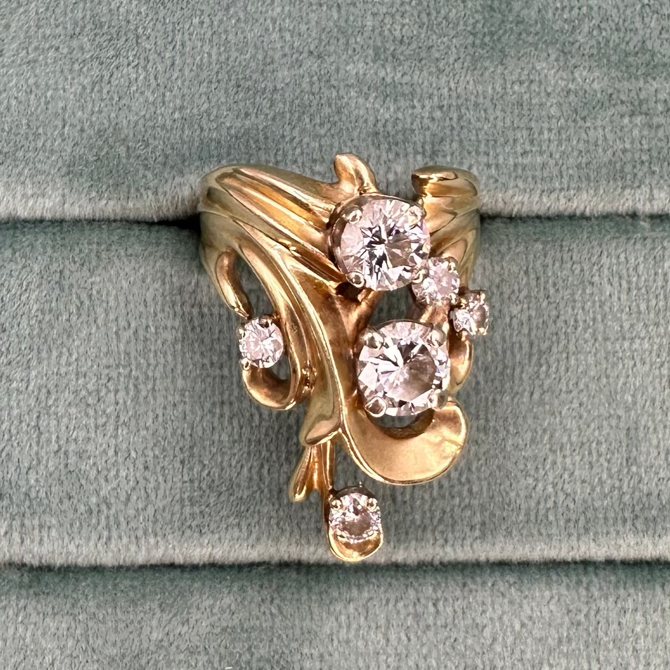 14K Yellow Gold 2 large circle cut diamond ring