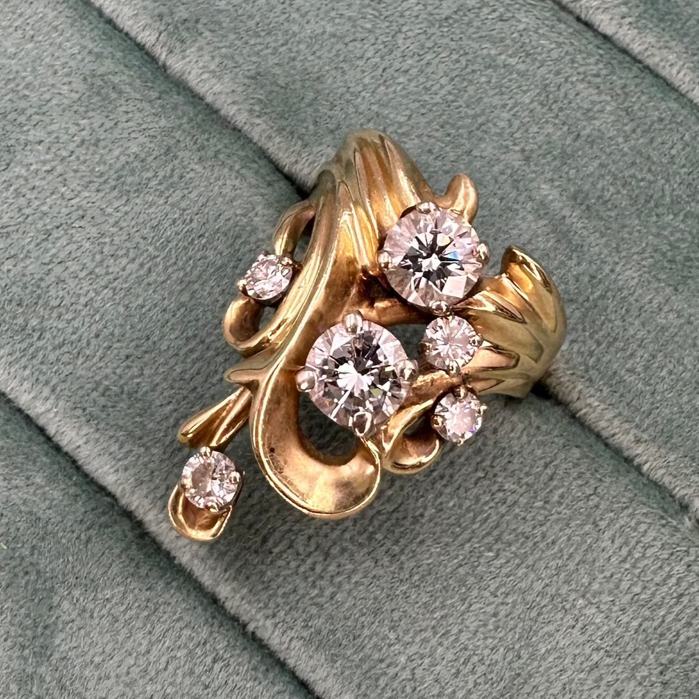 14K Yellow Gold 2 large circle cut diamond ring