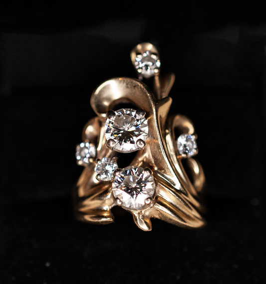 14K Yellow Gold 2 large circle cut diamond ring